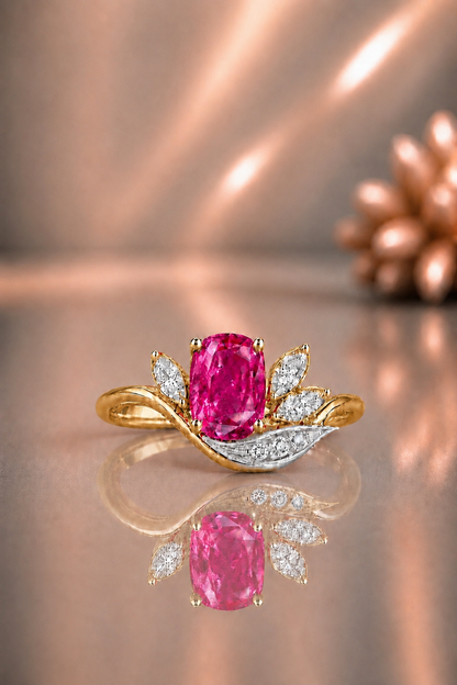 Natural Unheated Pink Sapphire Diamond Handcrafted Yellow Gold Ring