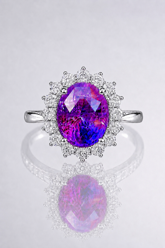 Natural Unheated Purplish Pink Sapphire Diamond Halo White Gold Ring