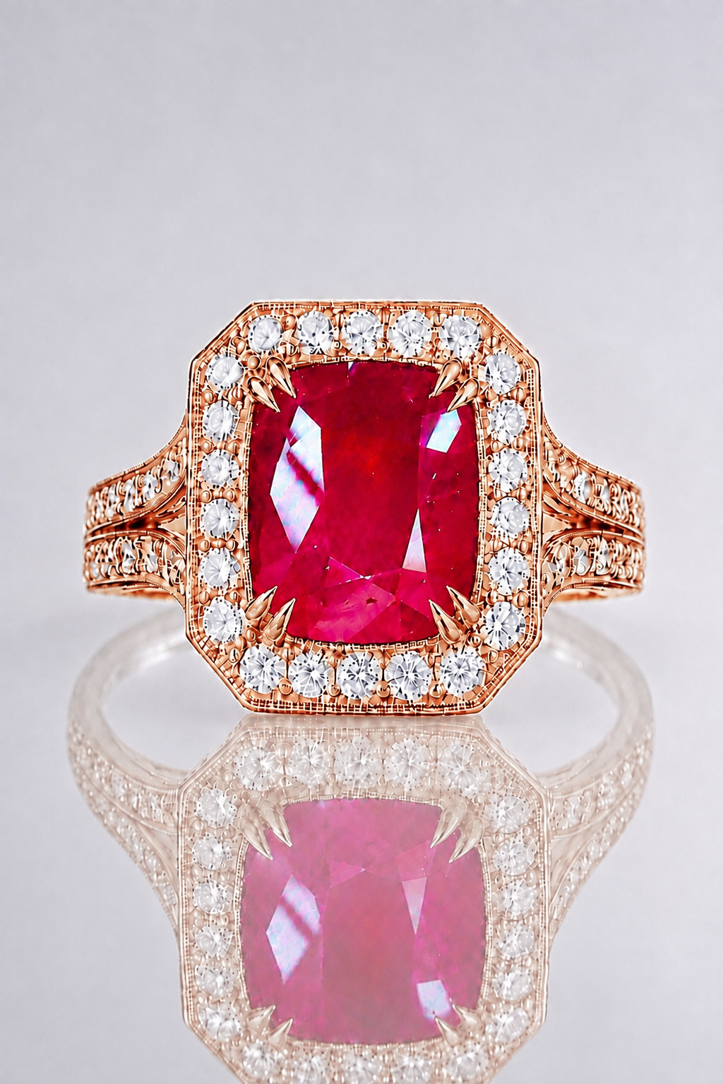 Natural Unheated Red Ruby Diamond Halo Handcrafted Rose Gold Ring