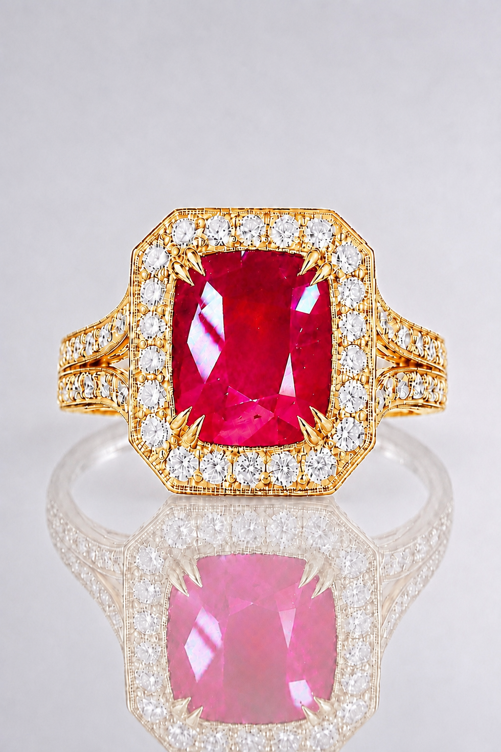 Natural Unheated Red Ruby Diamond Halo Handcrafted Yellow Gold Ring