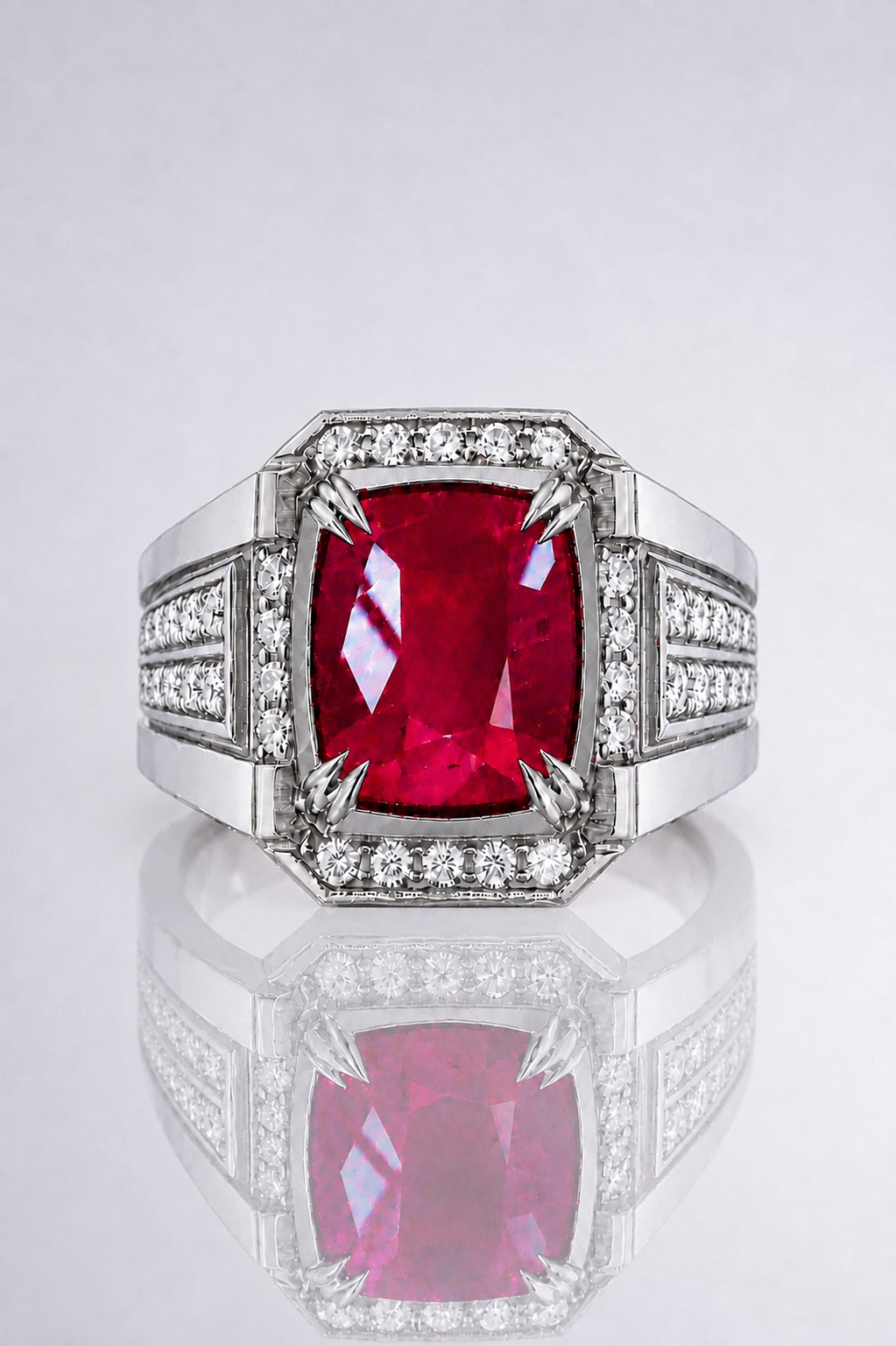 Natural Unheated Red Ruby Diamond Handcrafted White Gold Men’s Ring