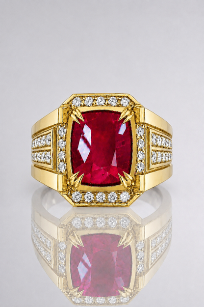 Natural Unheated Red Ruby Diamond Handcrafted Yellow Gold Men’s Ring