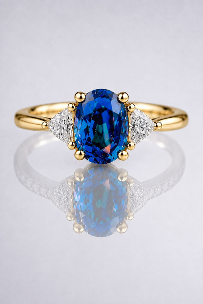 Natural Violet Green Blue Spinel Diamond Trilogy Handcrafted Yellow Gold Ring