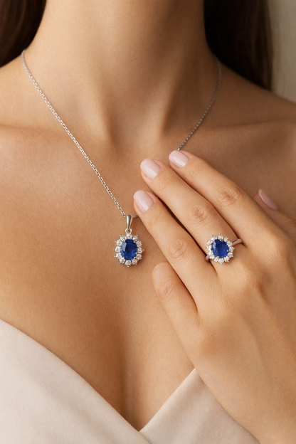 Natural Vivid Blue Sapphire Diamond Halo Gold Pendant Necklace Model
