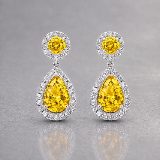 Natural Yellow Sapphire Diamond Halo Handcrafted White Gold Earrings