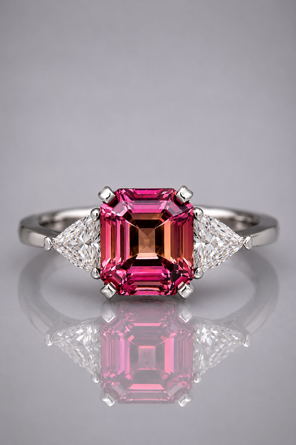 Color Changing Purplish Pink Sapphire & Diamond Trilogy Ring