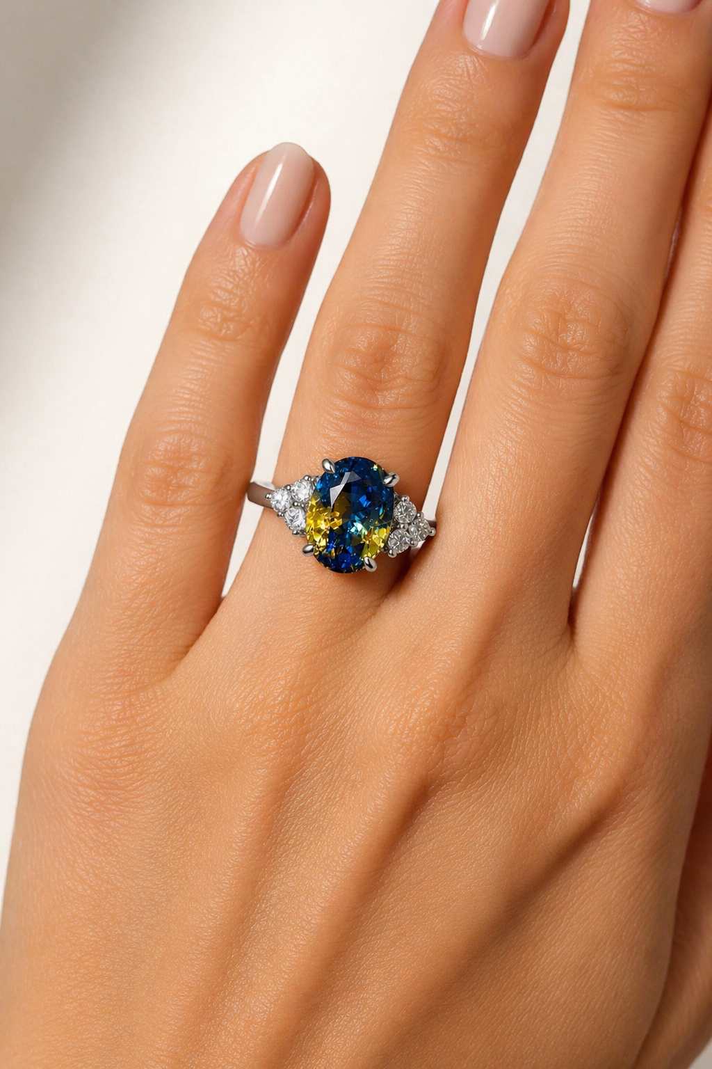 Natural unheated bicolor sapphire and diamond ring in white gold model