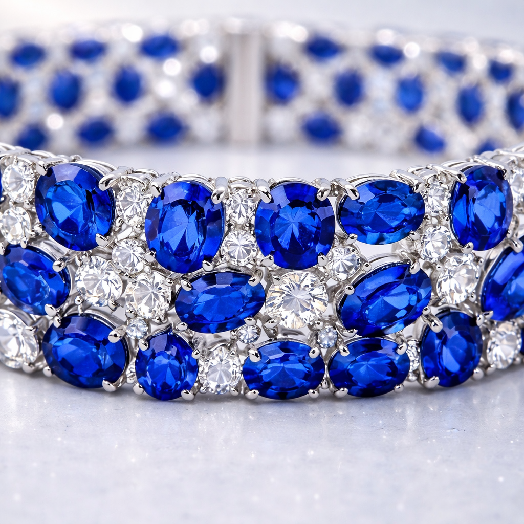 blue sapphire diamond white gold bracelet macro
