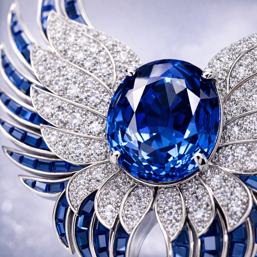 royal blue sapphire diamond platinum brooch macro