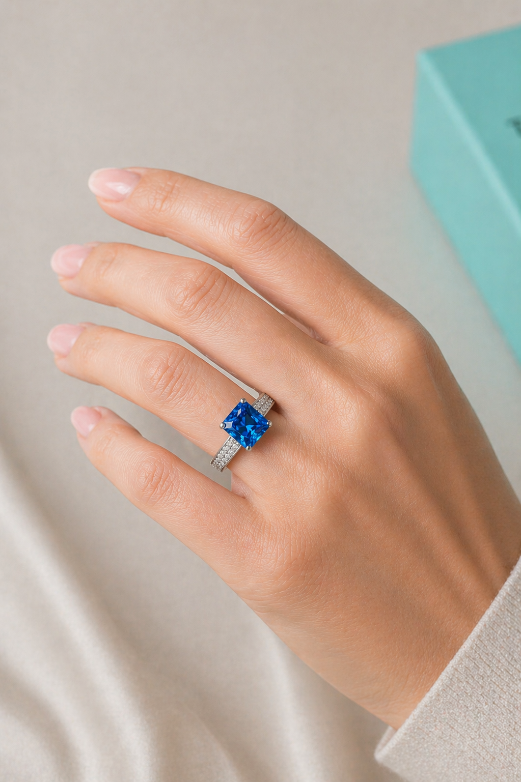 Blue sapphire halo ring 1.84 ct in white gold