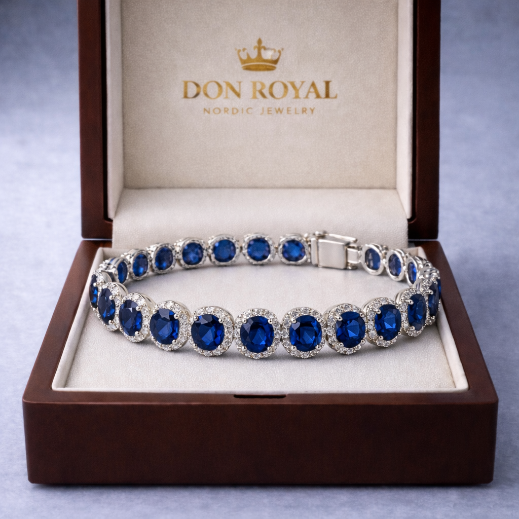 blue sapphire halo diamond white gold tennis bracelet in box