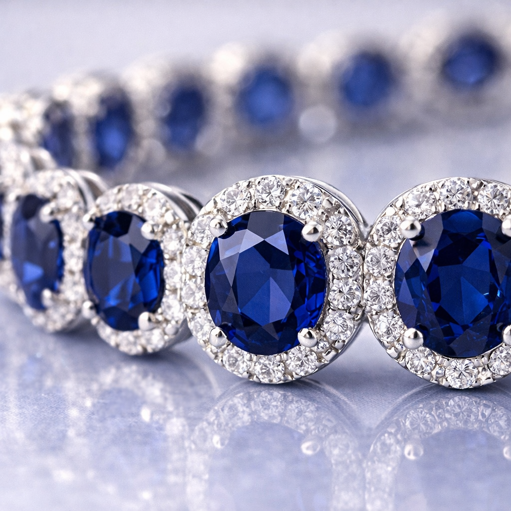 blue sapphire halo diamond white gold tennis bracelet macro