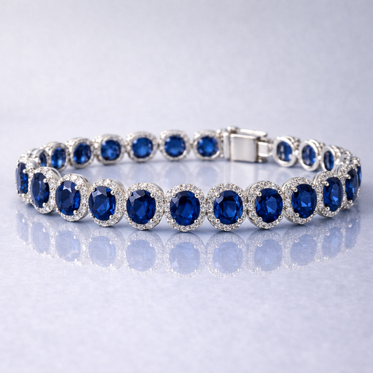 blue sapphire halo diamond white gold tennis bracelet