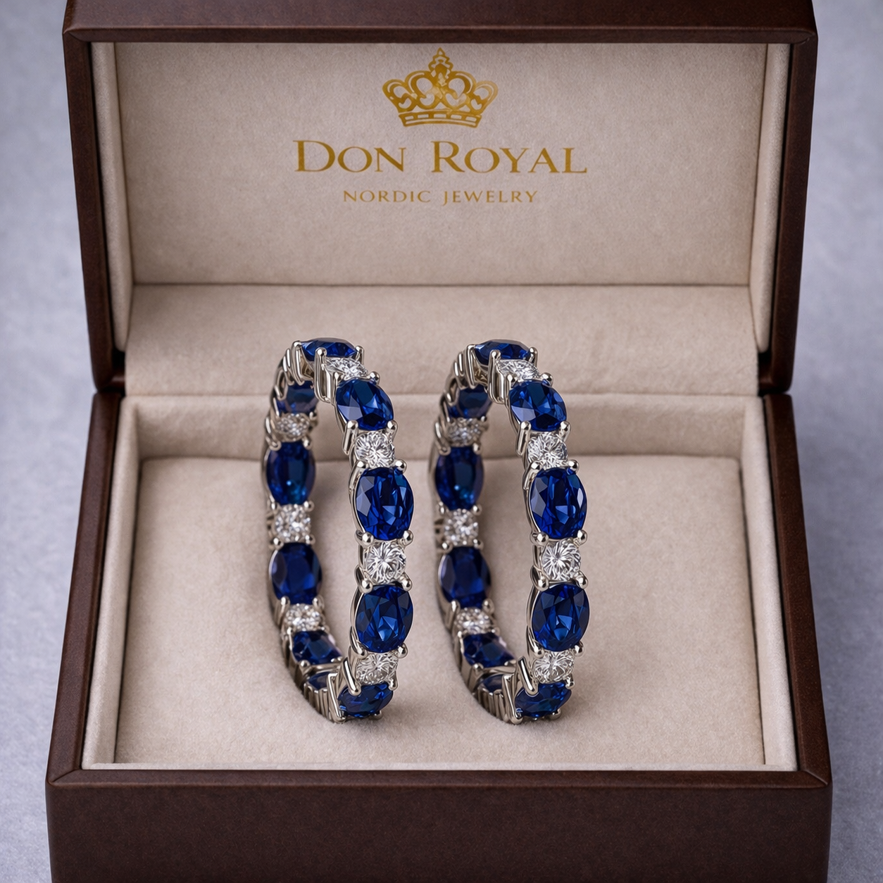 blue sapphire diamonf white gold hoop earrings in box