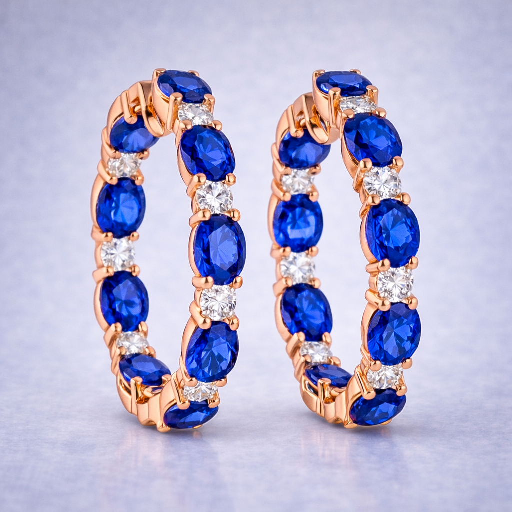 blue sapphire diamonf rose gold hoop earrings