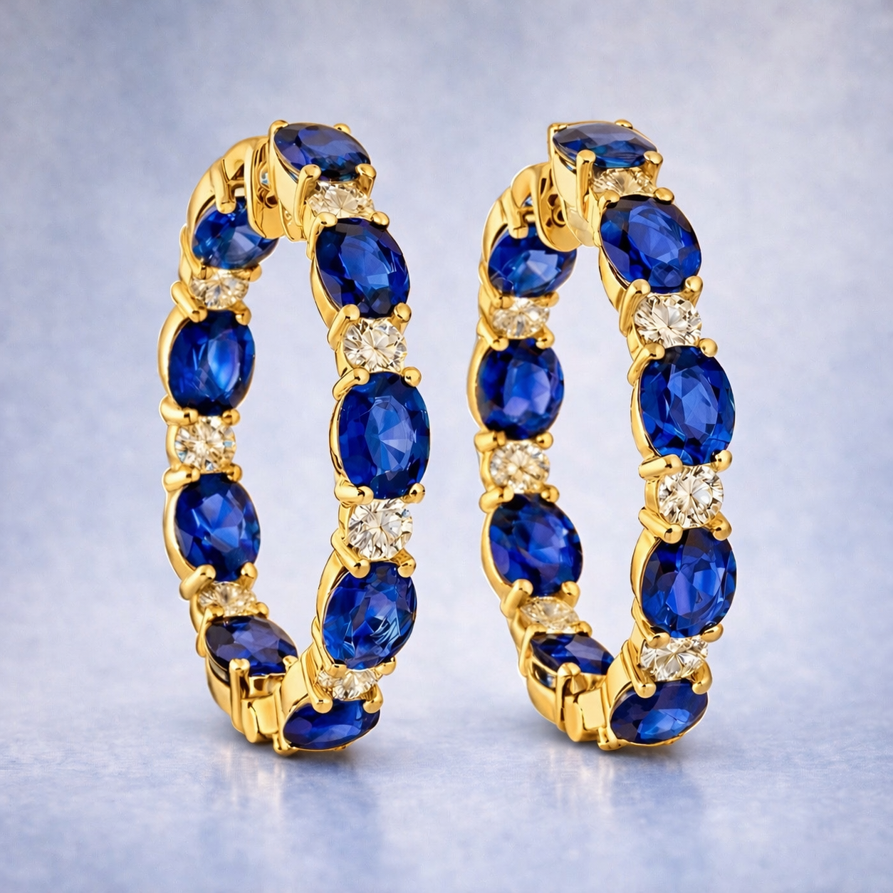 blue sapphire diamonf yellow gold hoop earrings