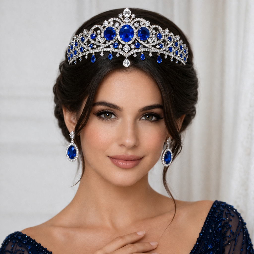 blue sapphire diamond white gold tiara model