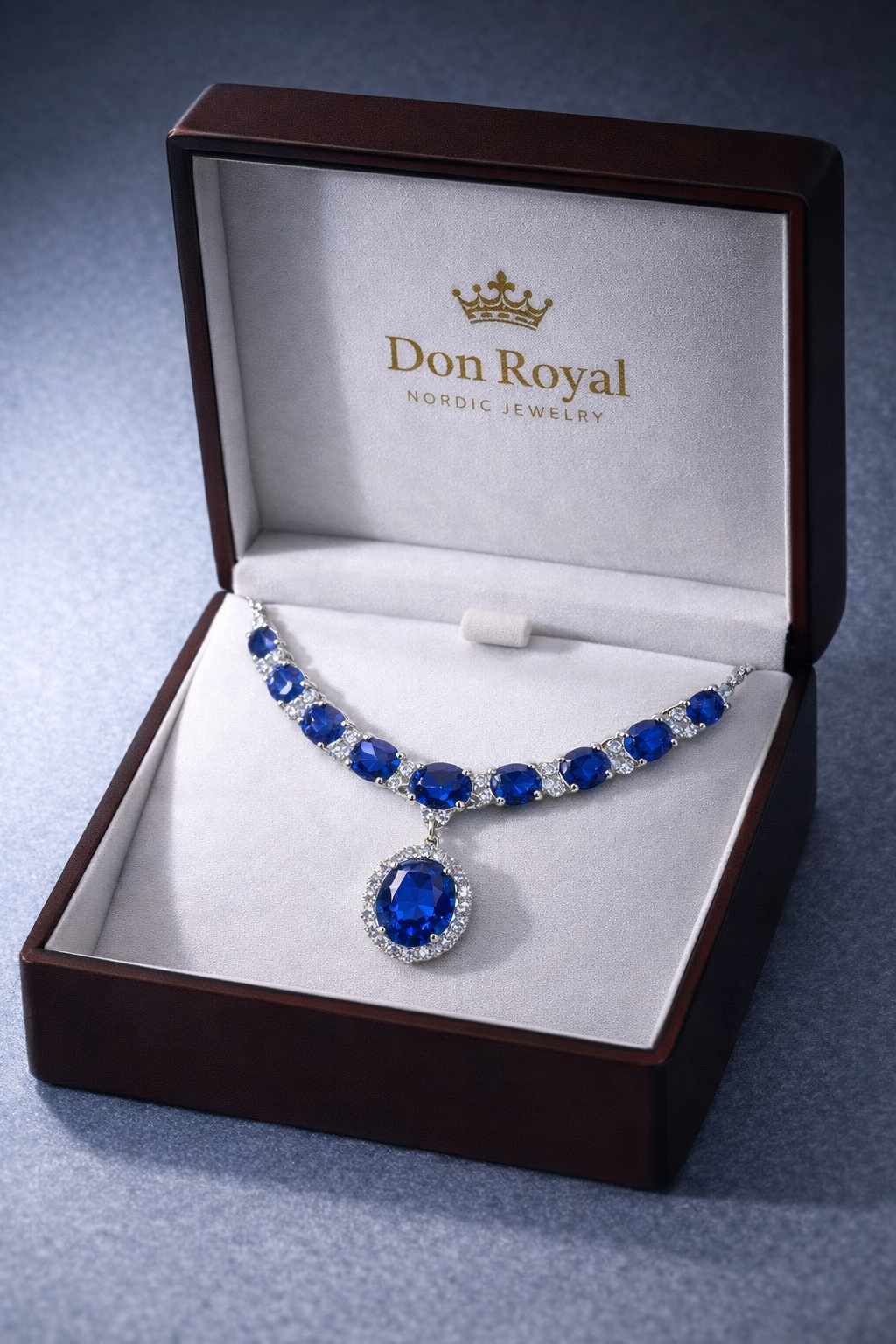 blue sapphire diamond white gold necklace in box