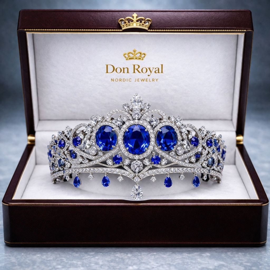 blue sapphire diamond white gold tiara in box
