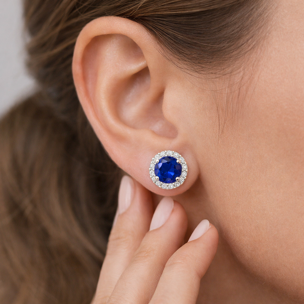 blue sapphire halo diamond white gold earrings model