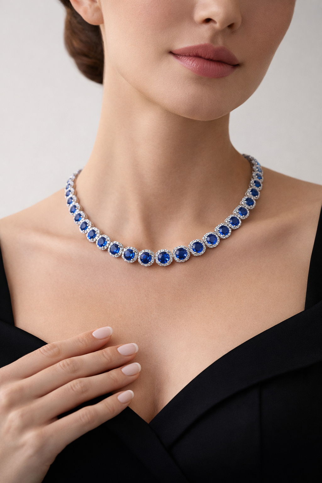 blue sapphire halo diamond white gold tennis necklace model
