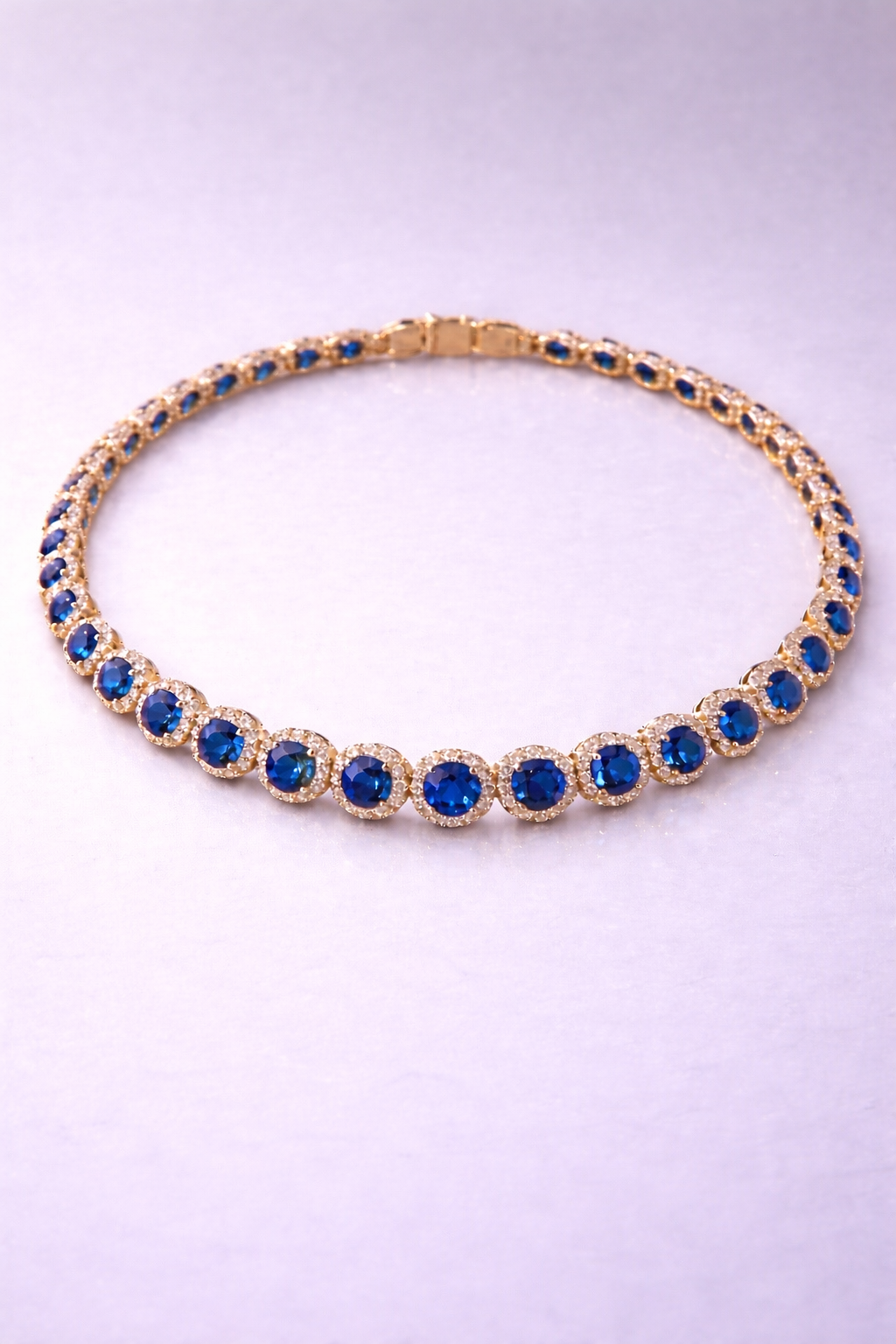 blue sapphire halo diamond rose gold tennis necklace