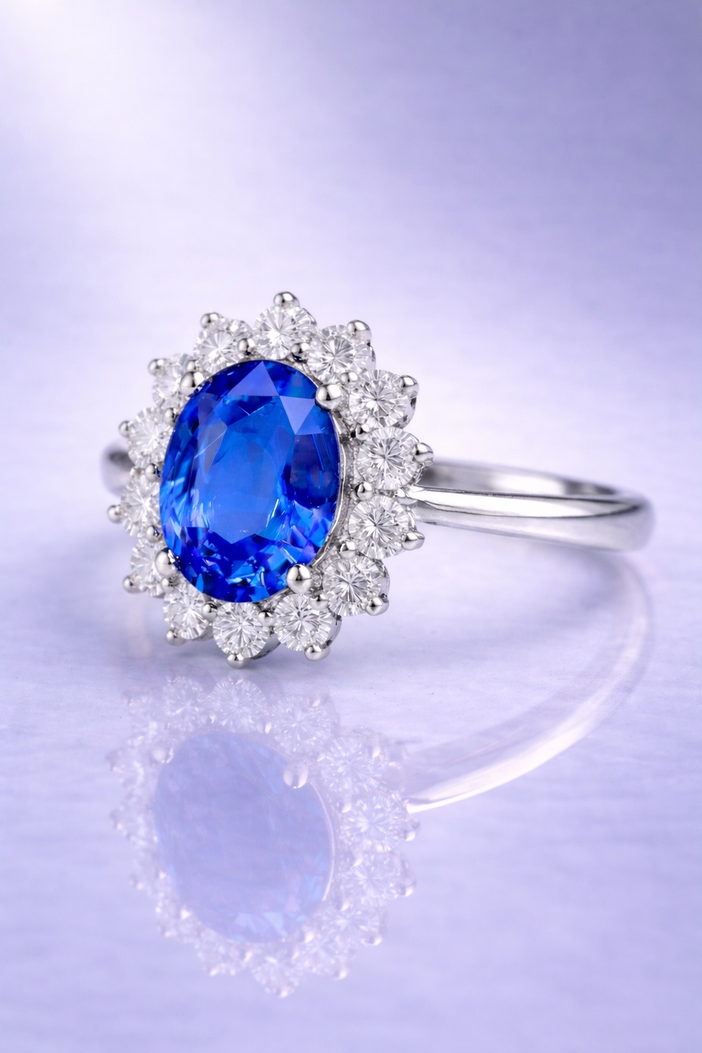 blue sapphire diamond halo platinum ring