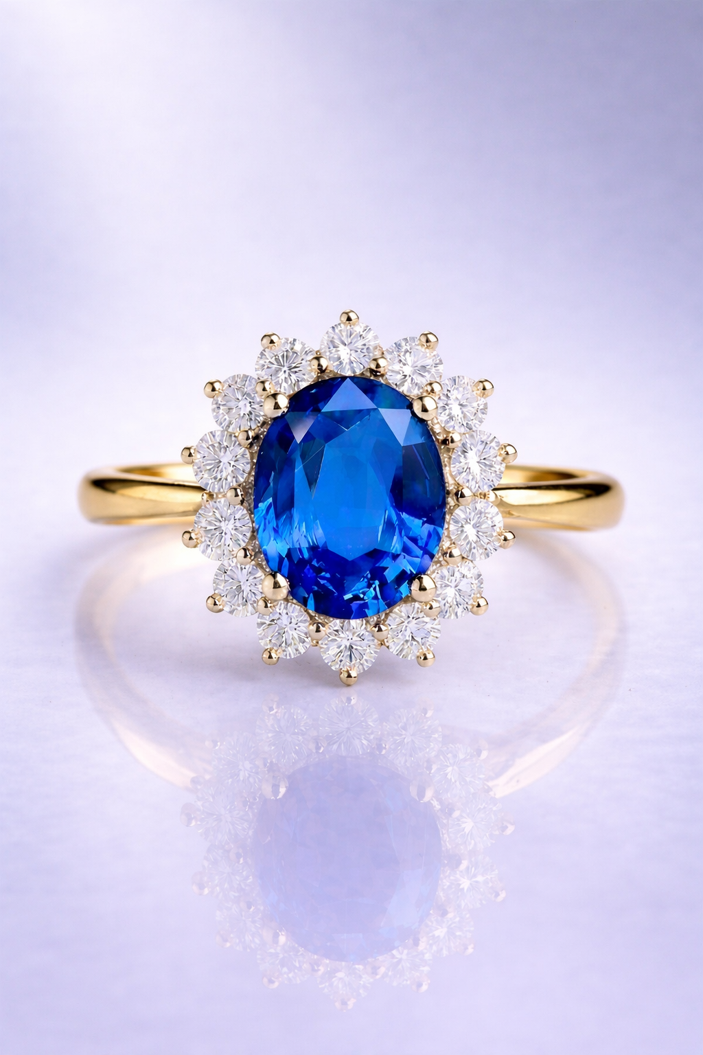 blue sapphire diamond halo yellow gold ring