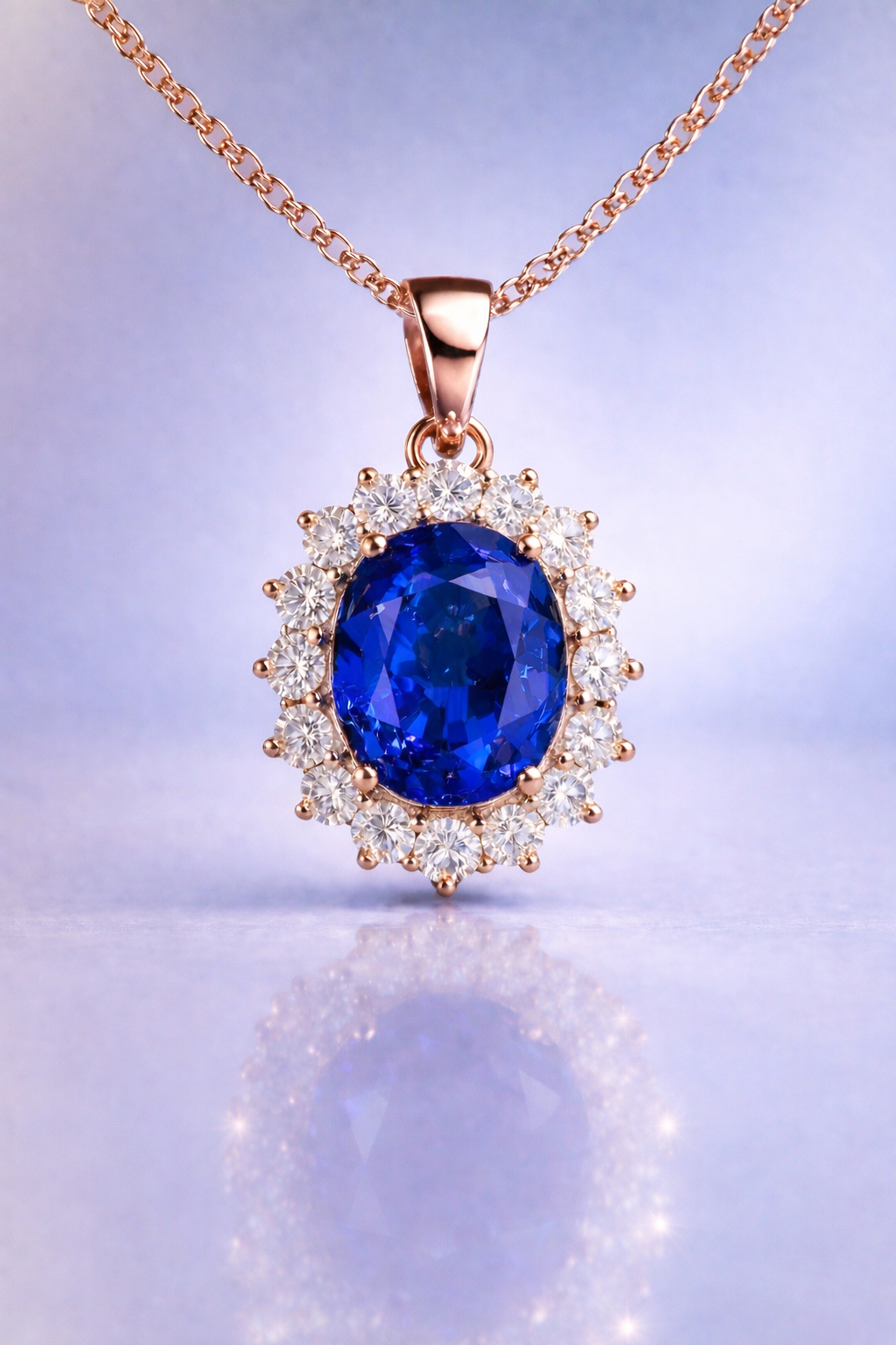 vivid blue sapphire halo diamond rose gold pendant for necklace