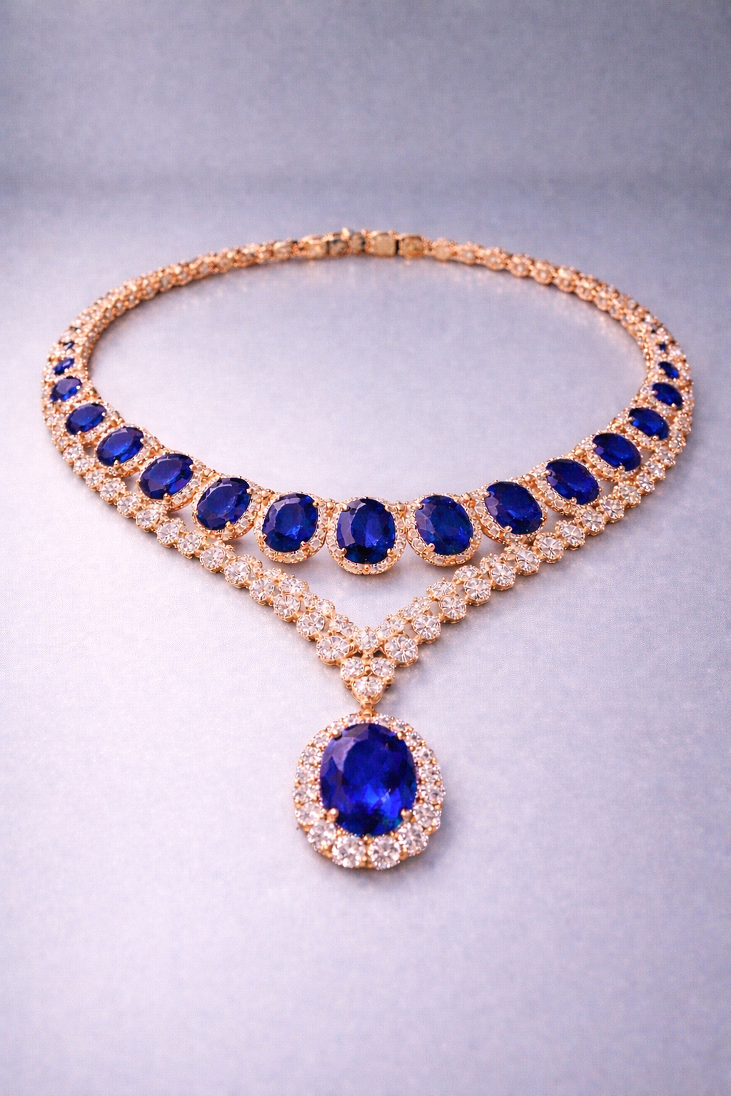 blue sapphire diamond rose gold necklace