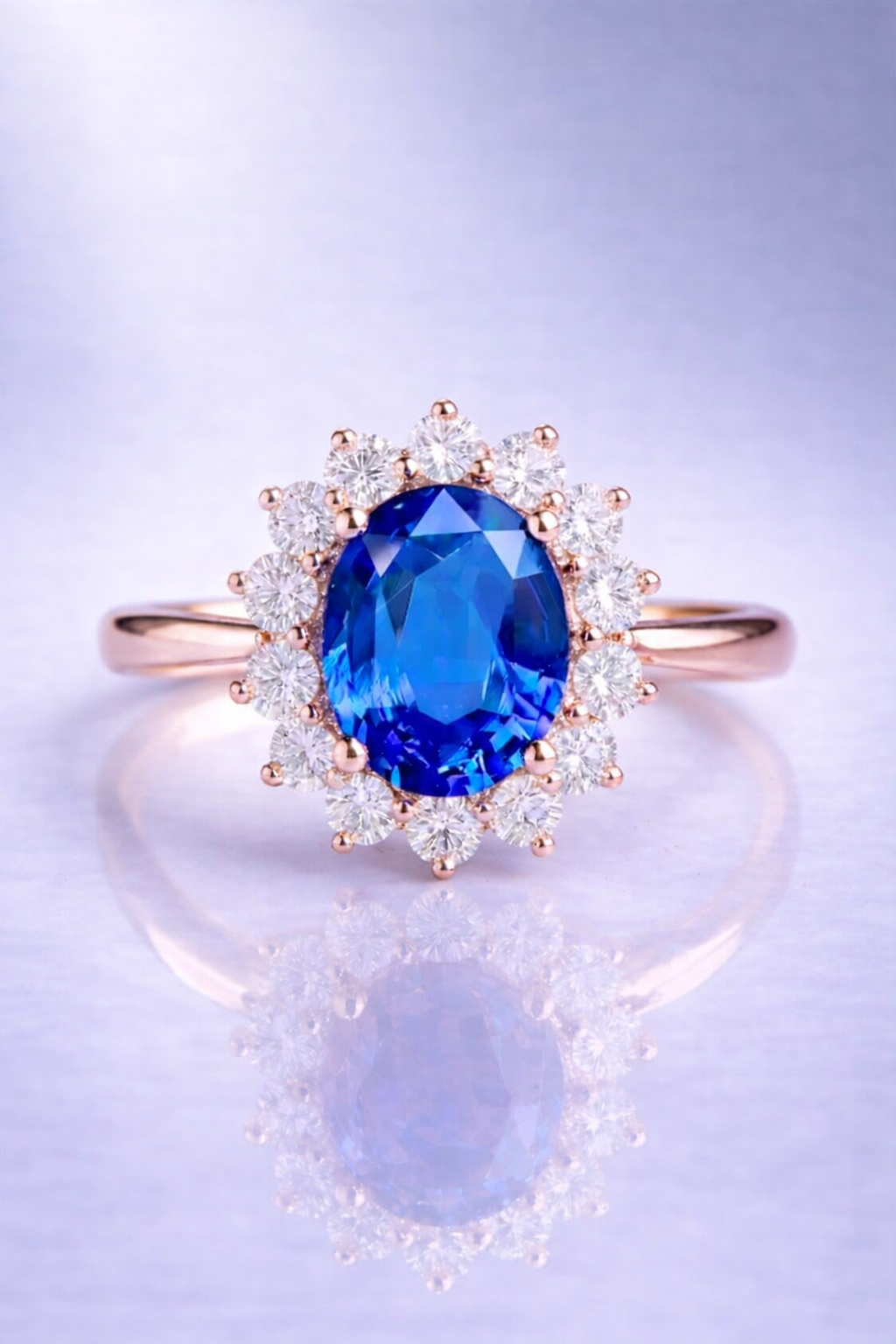 blue sapphire diamond halo rose gold ring