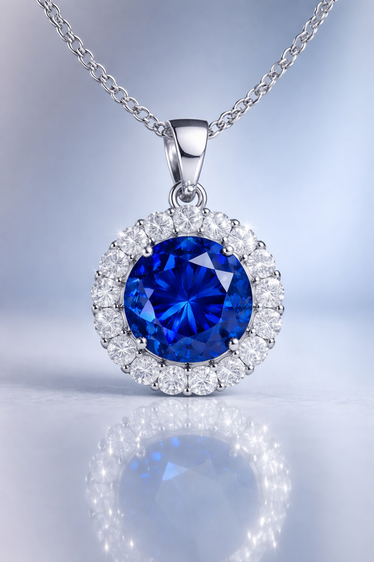 Blue sapphire diamond halo pendant featuring natural royal blue sapphire surrounded by brilliant diamonds set in white gold