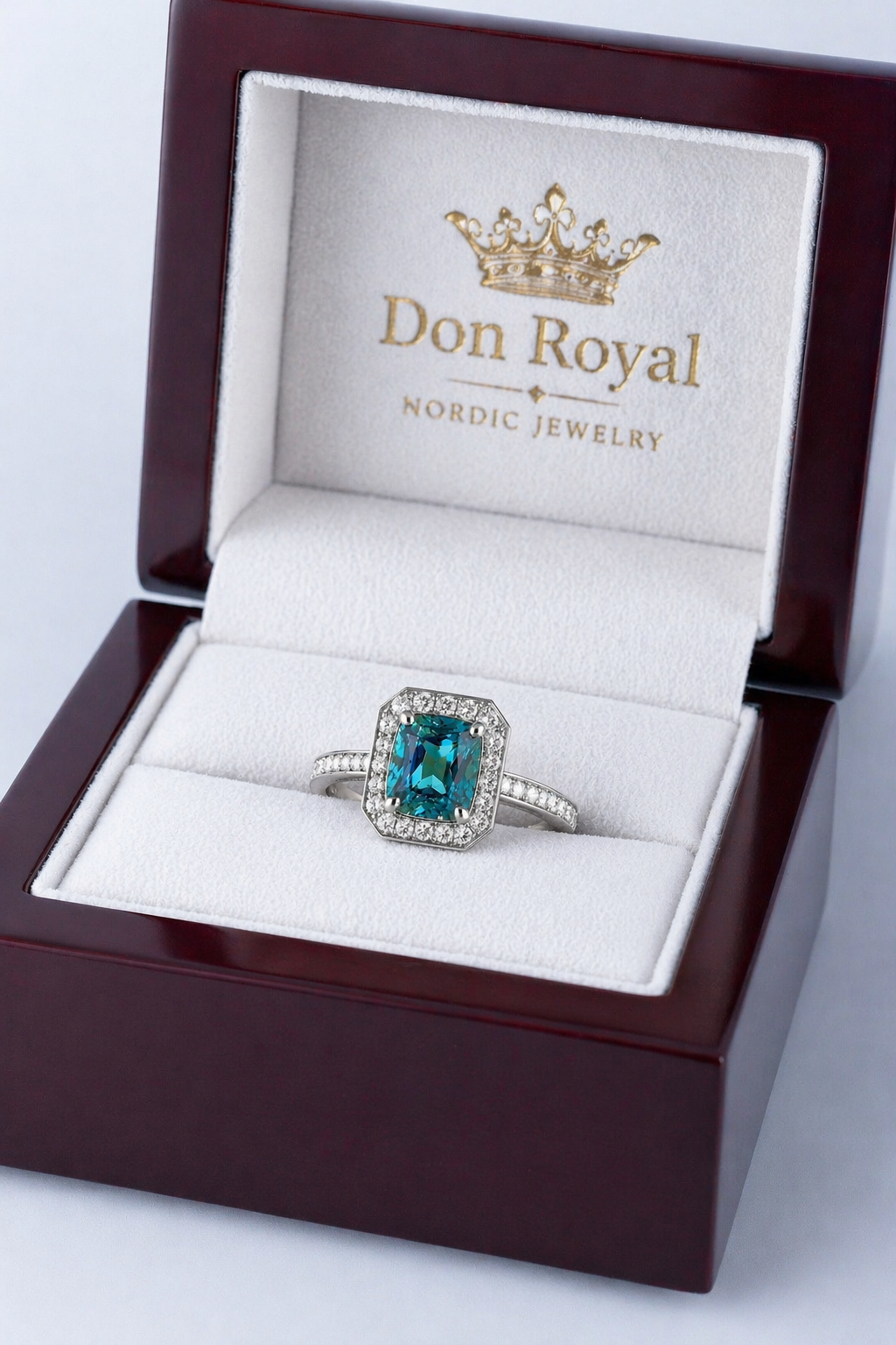blue spinel diamond halo gold ring in box