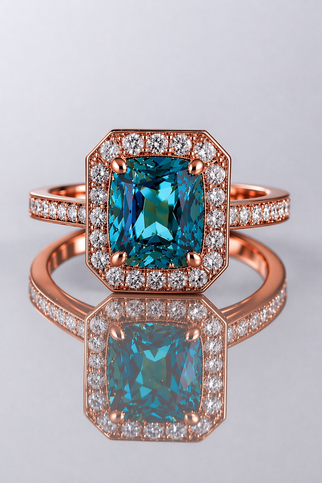 blue spinel diamond halo rose gold ring
