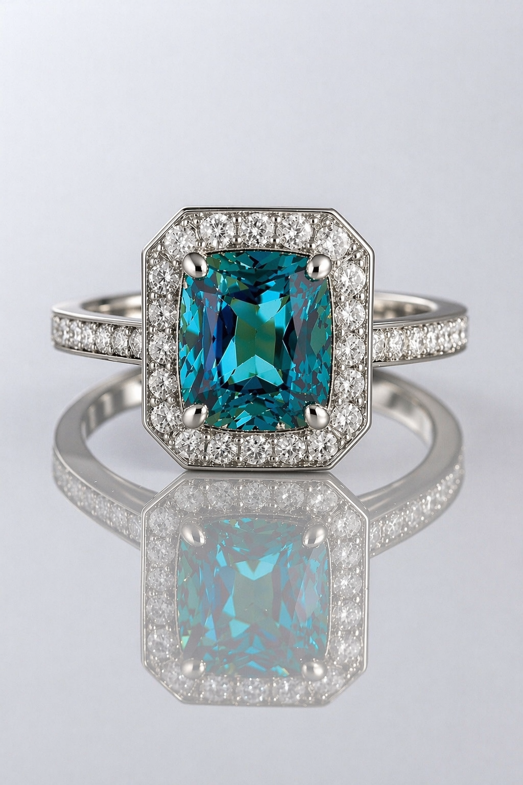 blue spinel diamond halo white gold ring