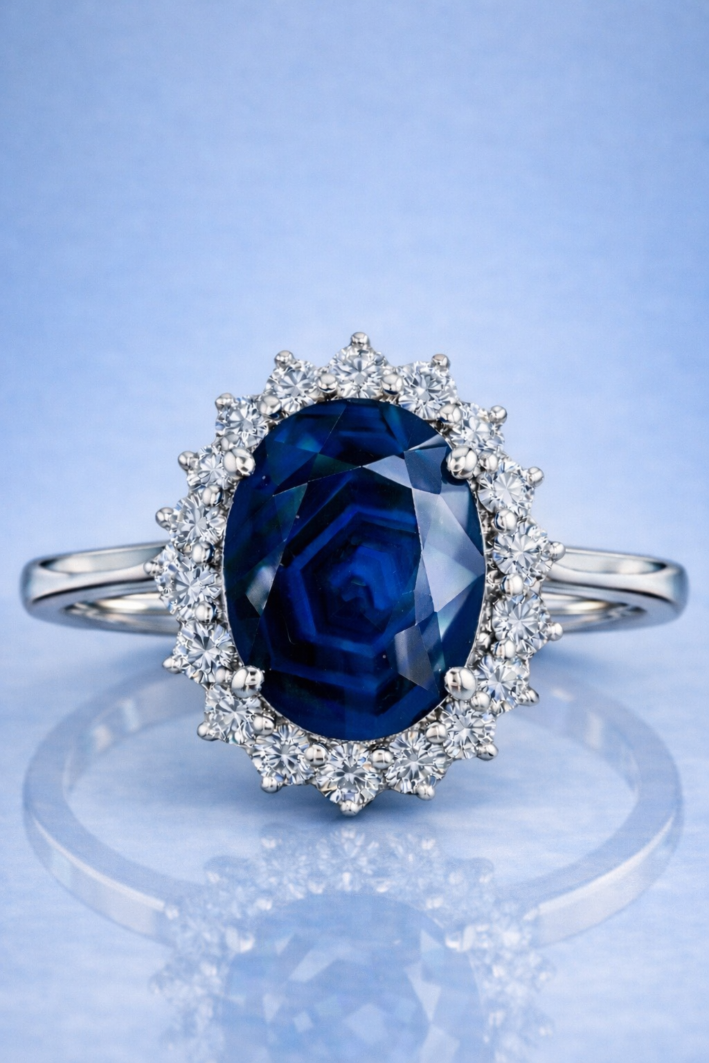 blue sapphire diamond halo white gold ring