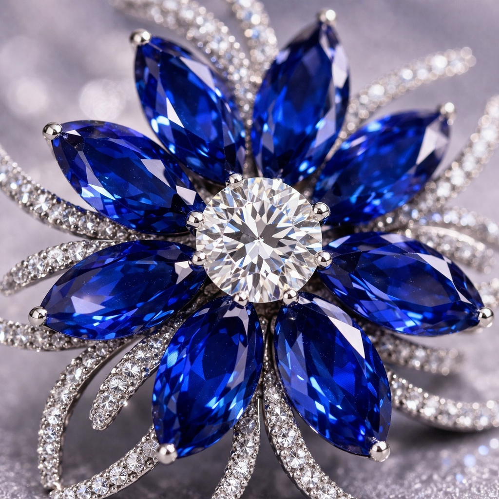 blue sapphire diamond platinum brooch macro