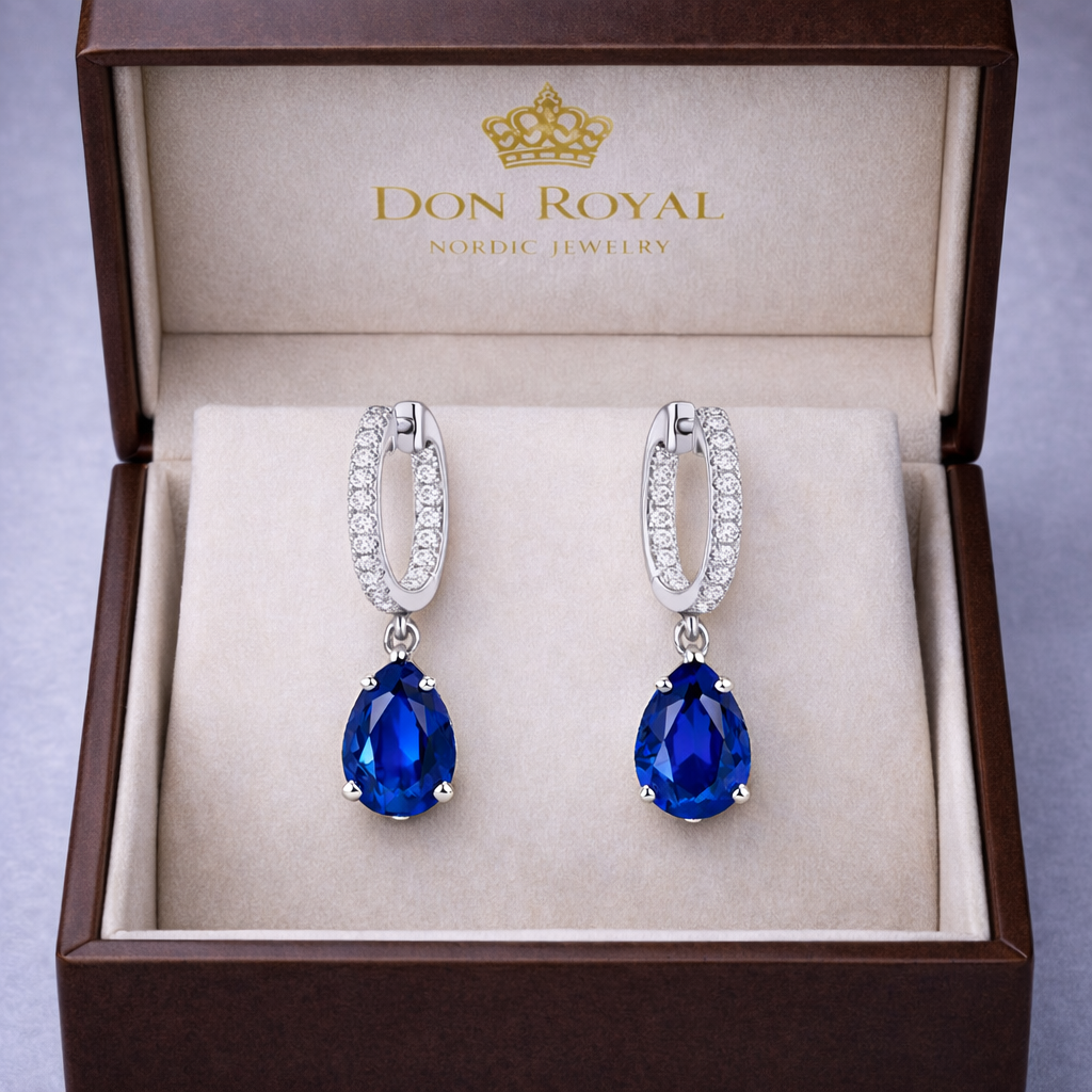 blue sapphire diamonf white gold hoop earrings in box