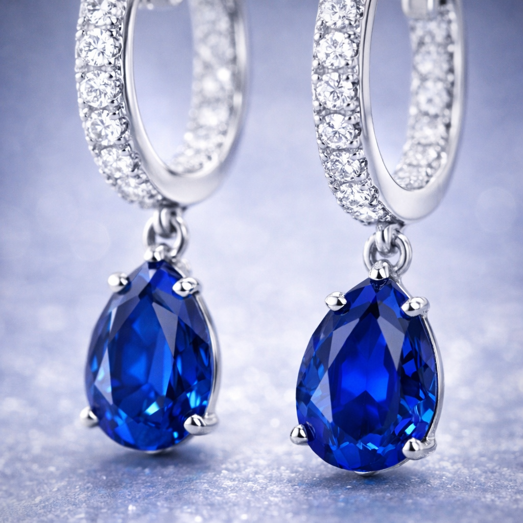 blue sapphire diamonf platinum hoop earrings macro