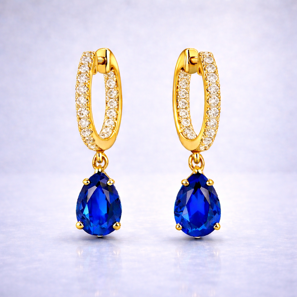 blue sapphire diamonf yellow gold hoop earrings