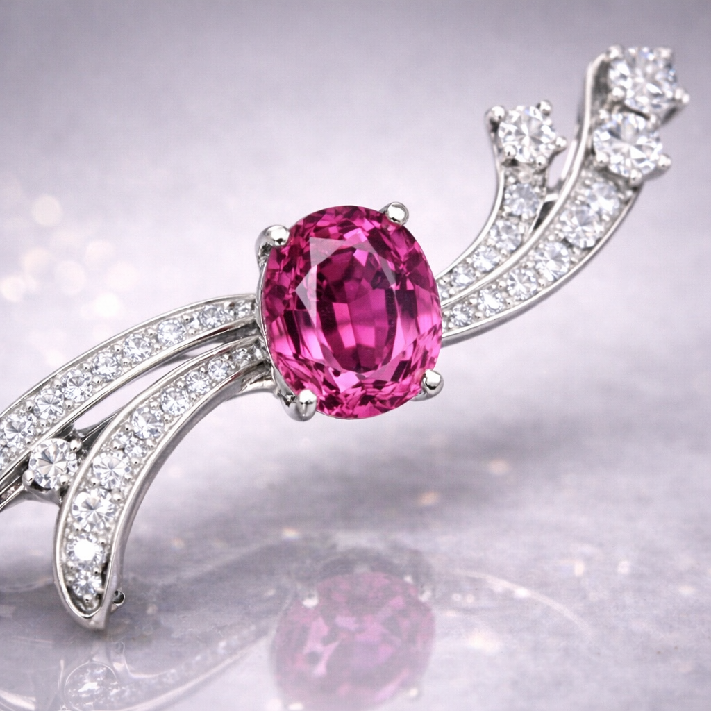 pink sapphire diamond platinum brooch macro