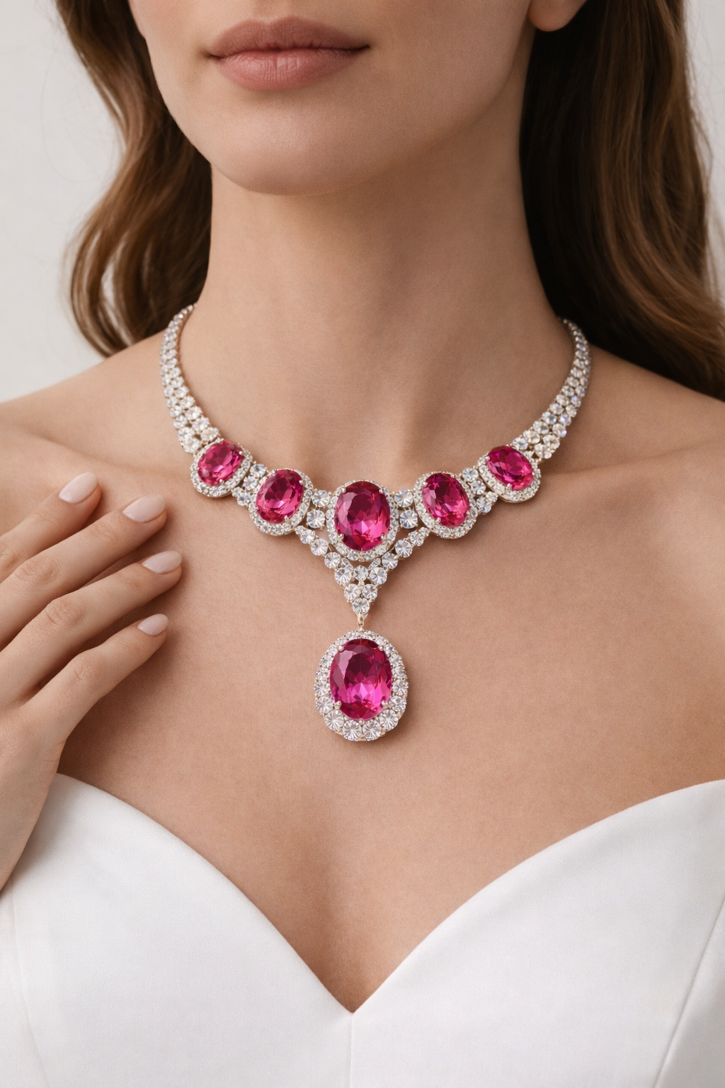 pink sapphire diamond white gold necklace model