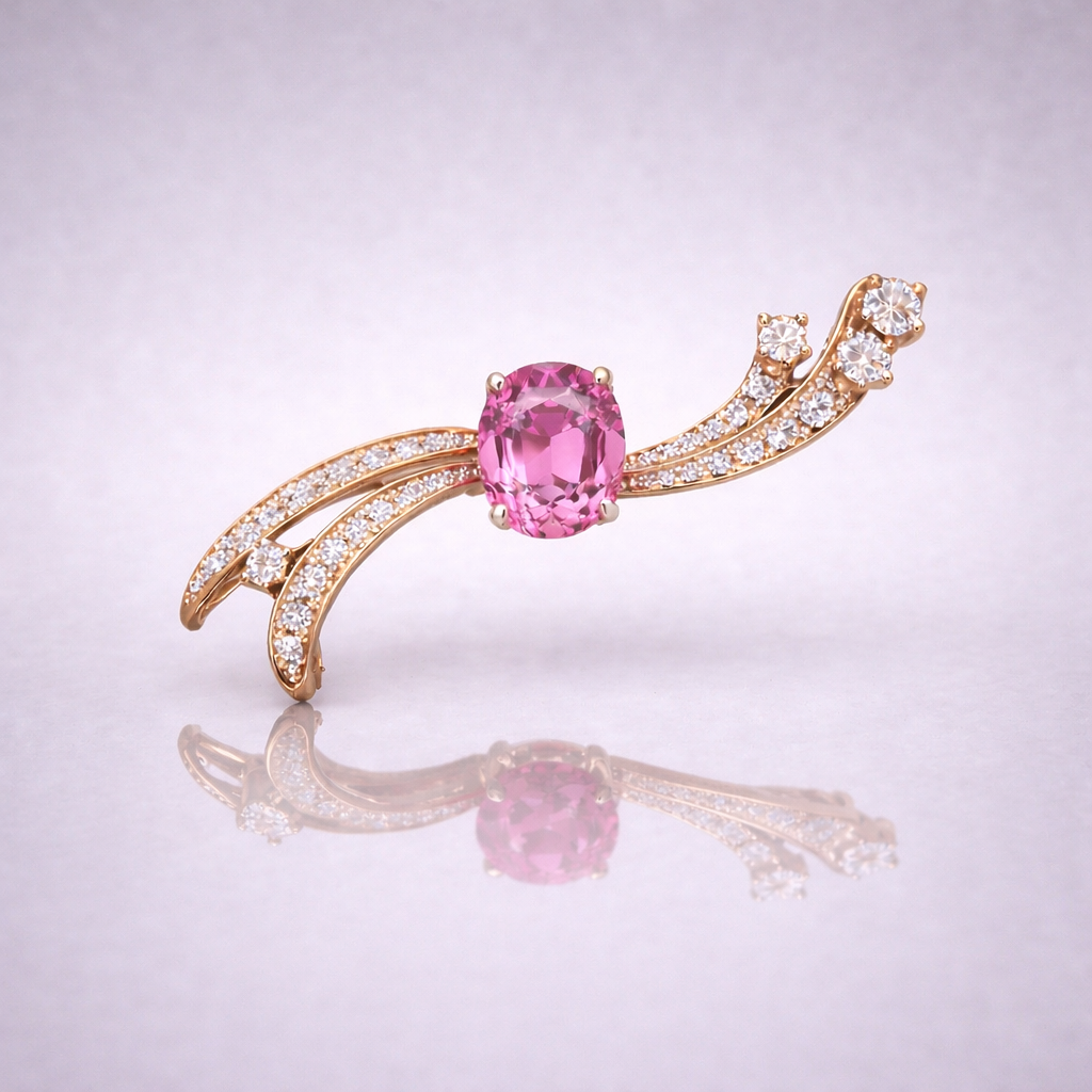 pink sapphire diamond rose gold brooch