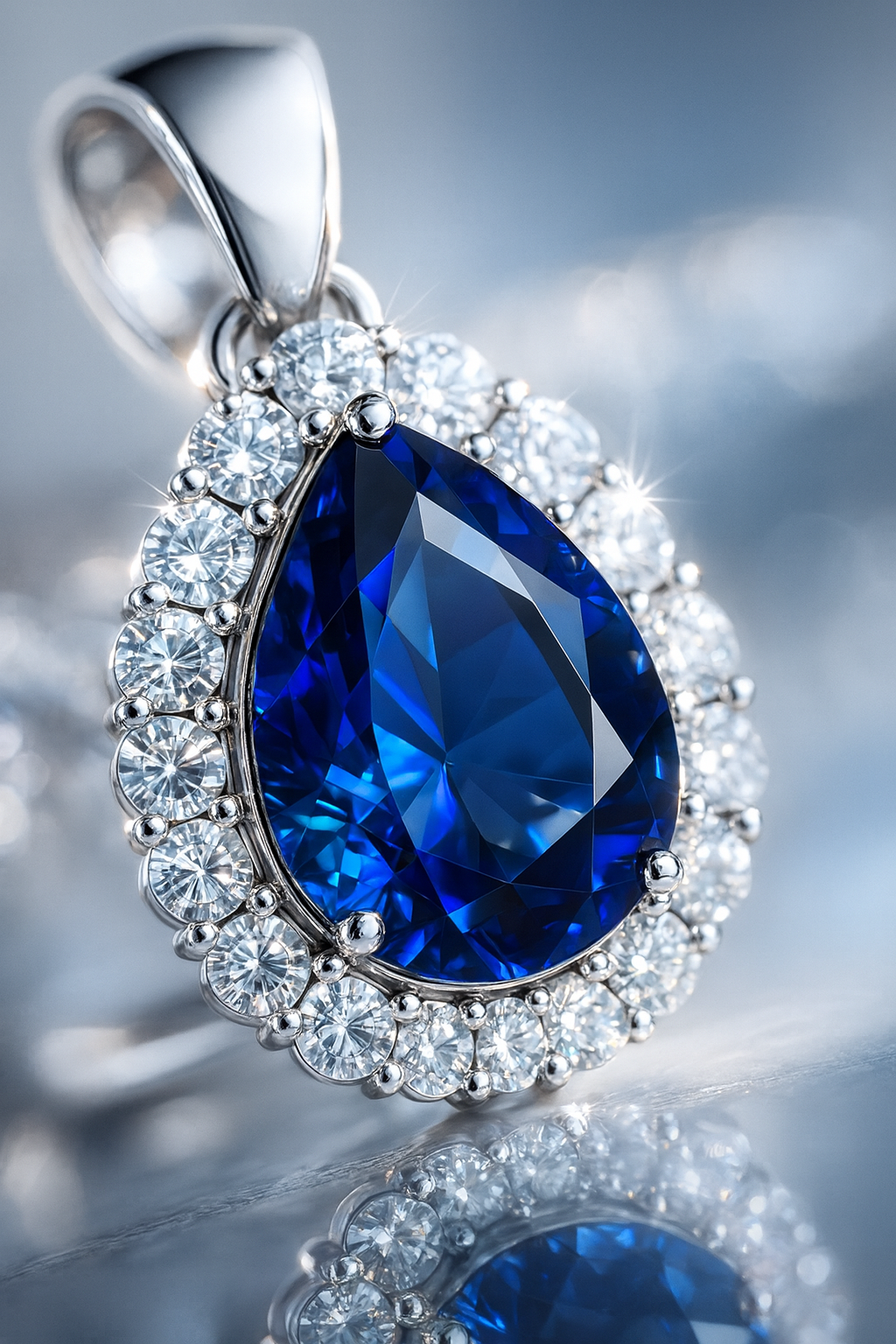 GIA certified blue sapphire halo diamond white gold pendant for necklace macro