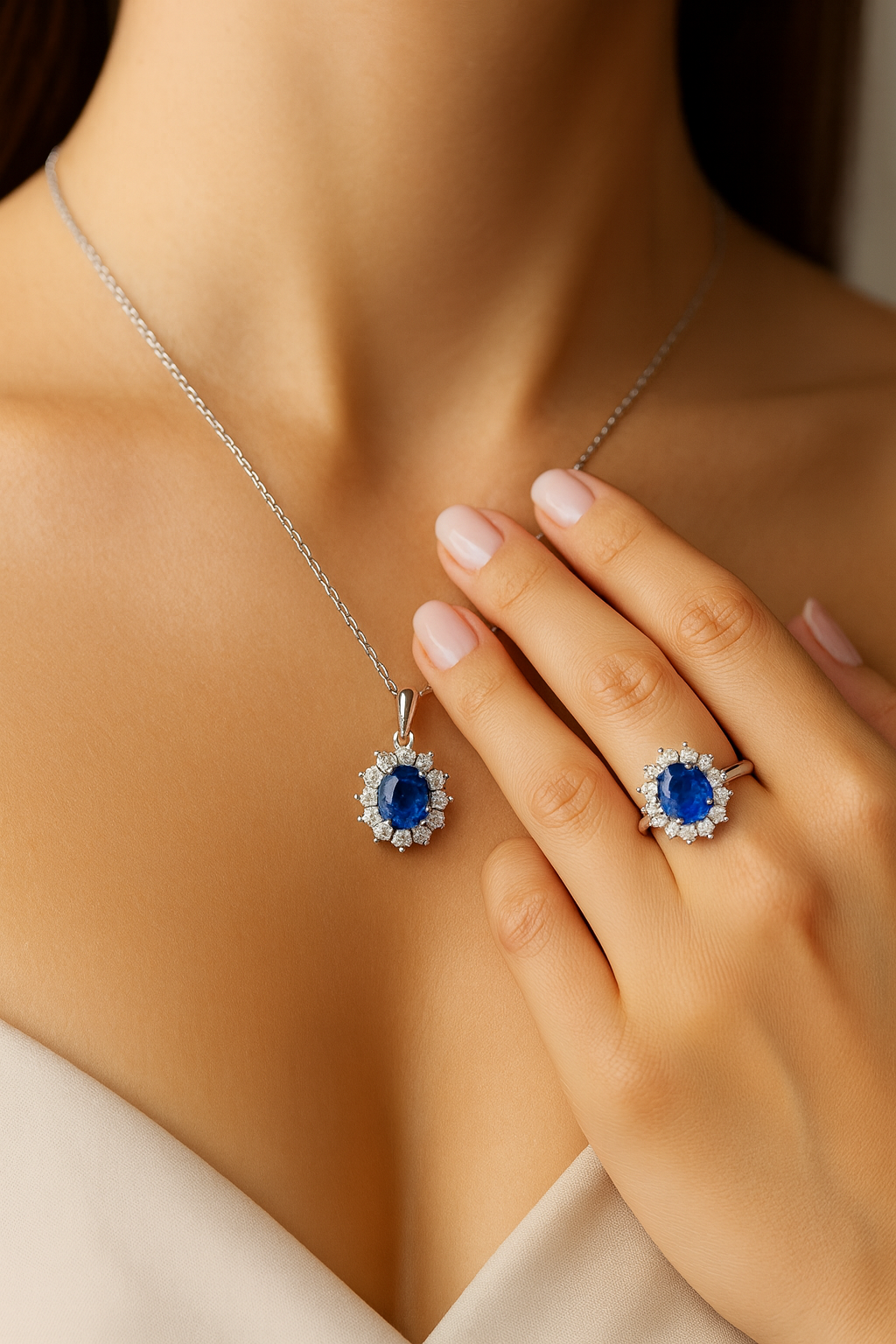 Blue sapphire halo ring on hand