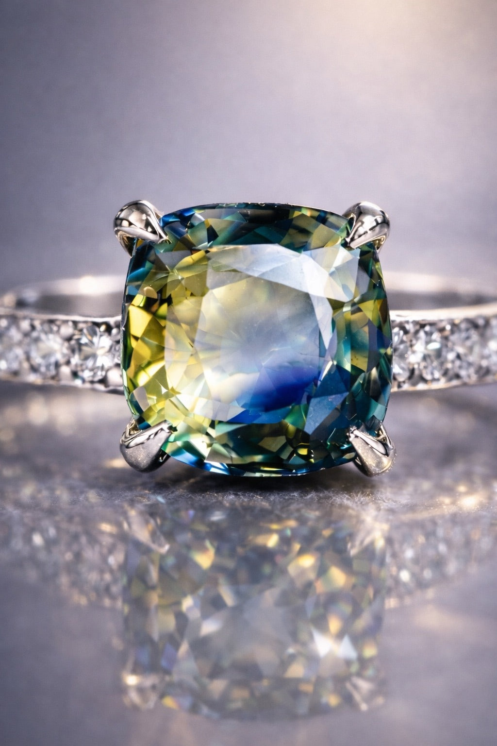 GIA certified bicolor sapphire ring in white gold close upp