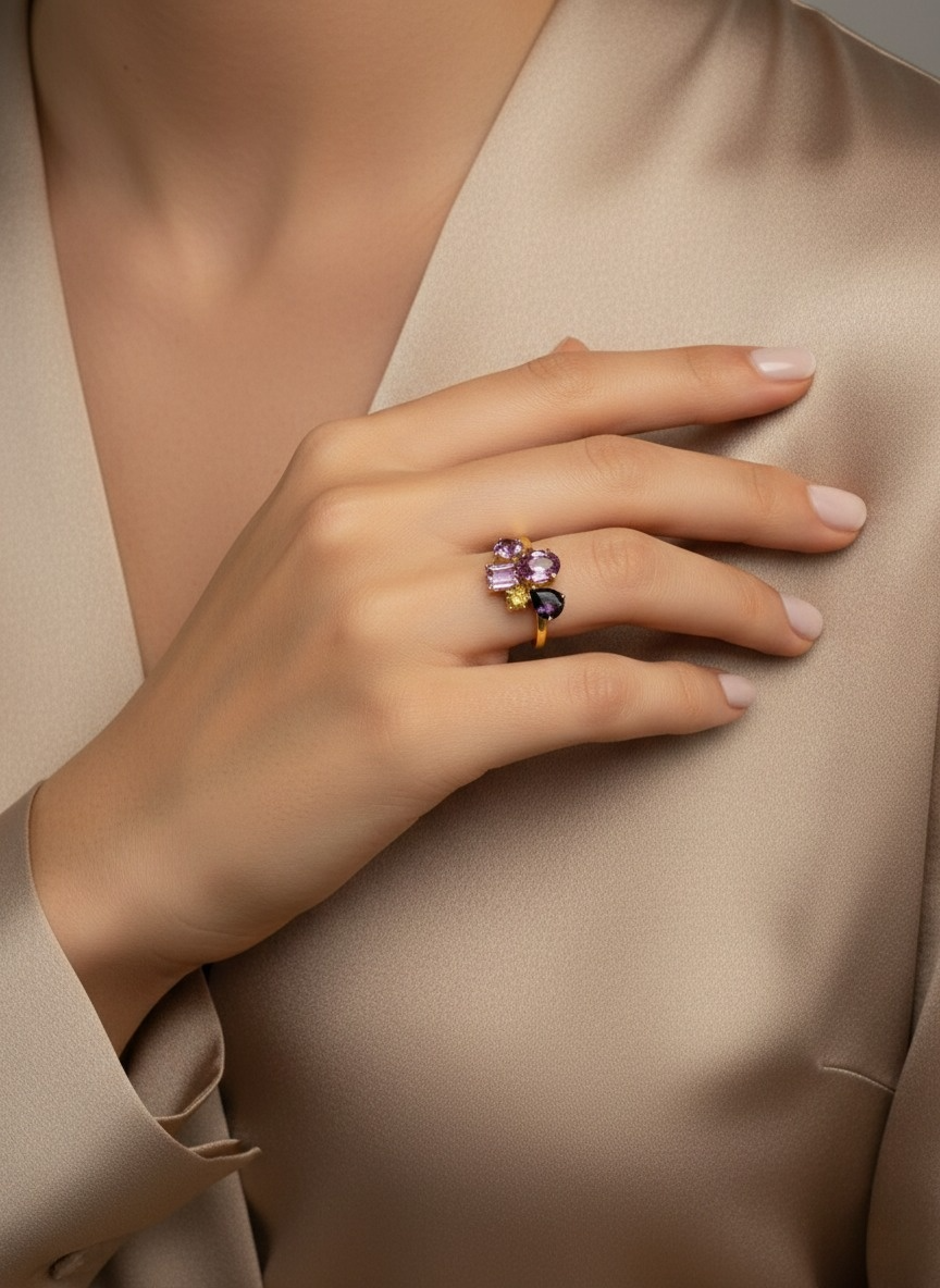 Artistic shot of Lumière Rose sapphire ring