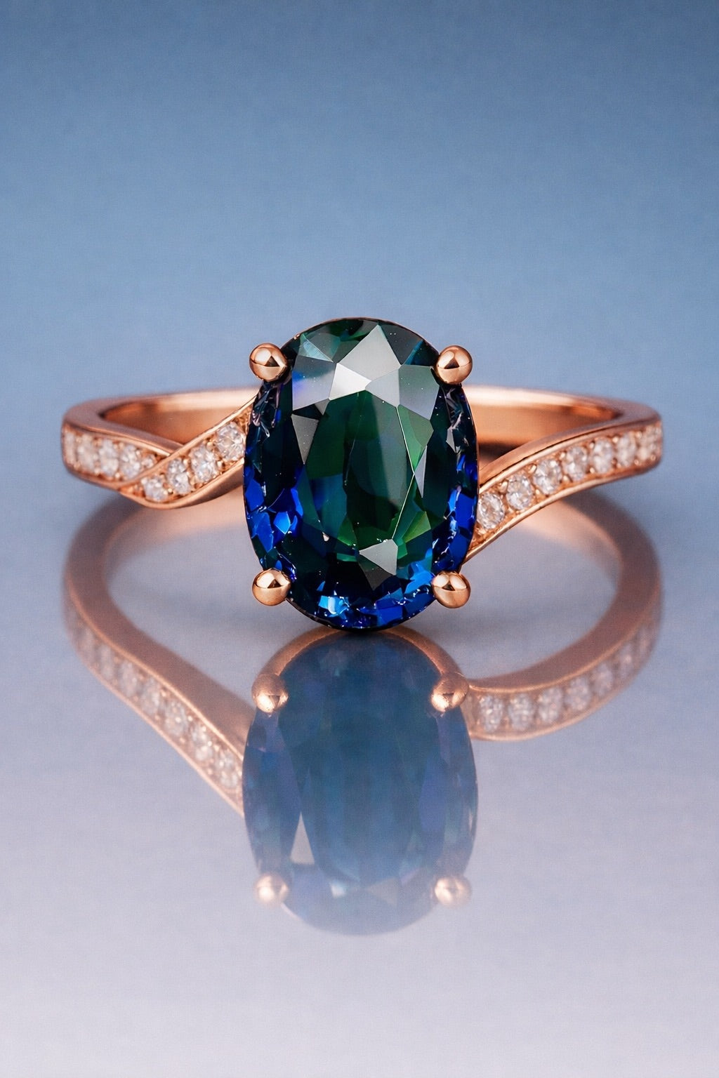 Royal Blue sapphire and diamond ring in rose gold