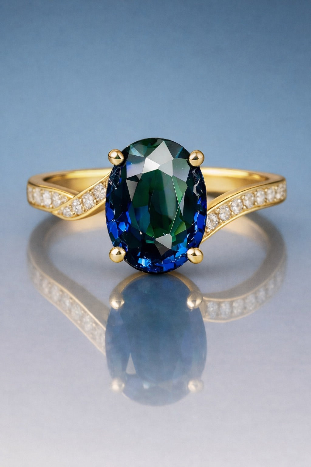 Royal Blue sapphire and diamond ring in yellow gold
