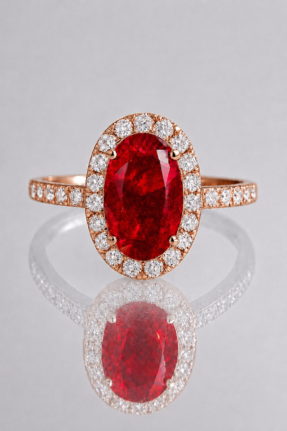 natural unheates red ruby diamond halo rose gold ring